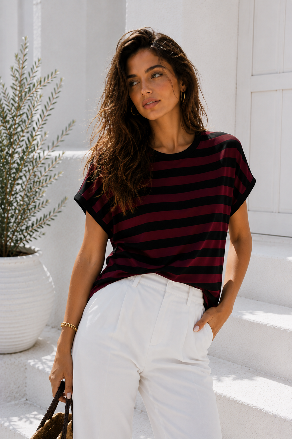 Kadın Bordo Siyah Çizgili Yarasa Kol T-Shirt | Şık Basic Tişört