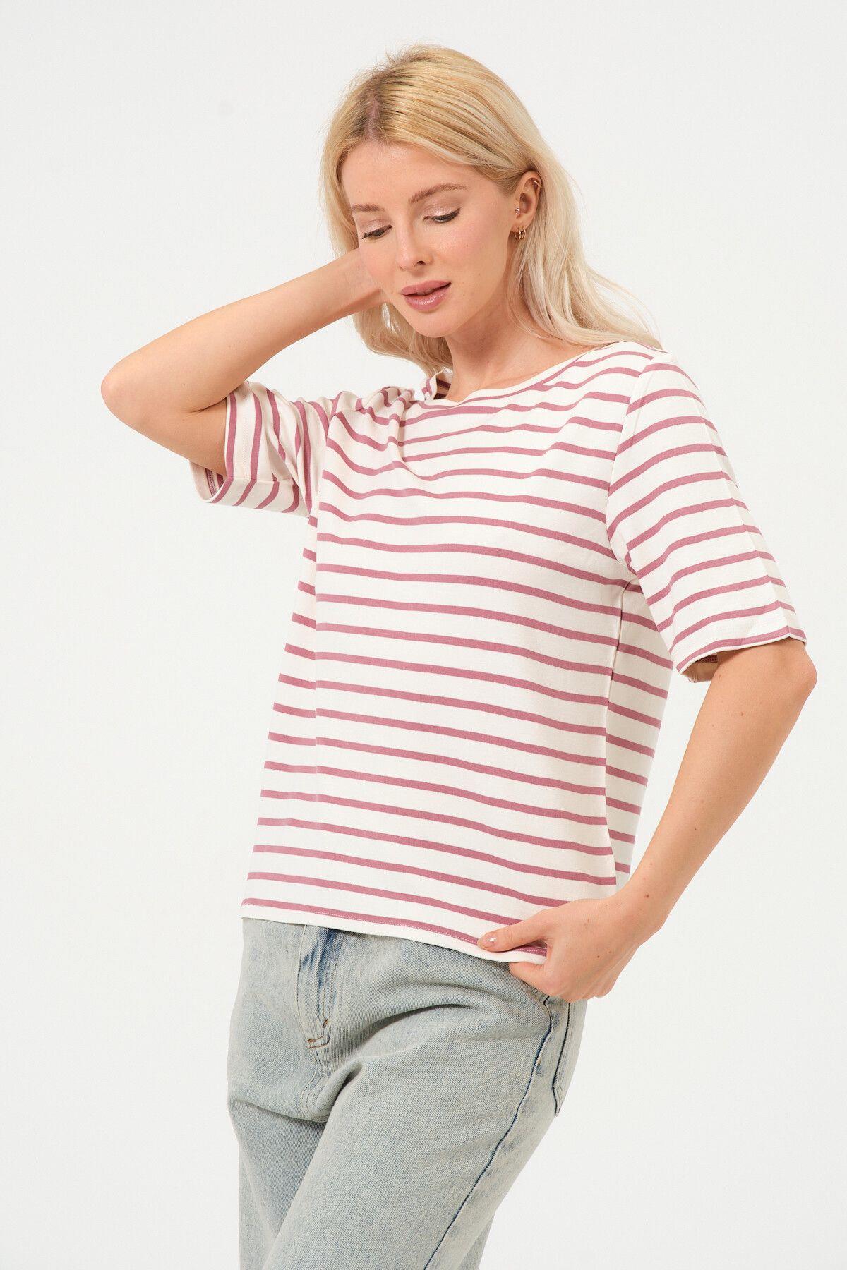 Kadın Çizgili Tişört Oversize T-shirt