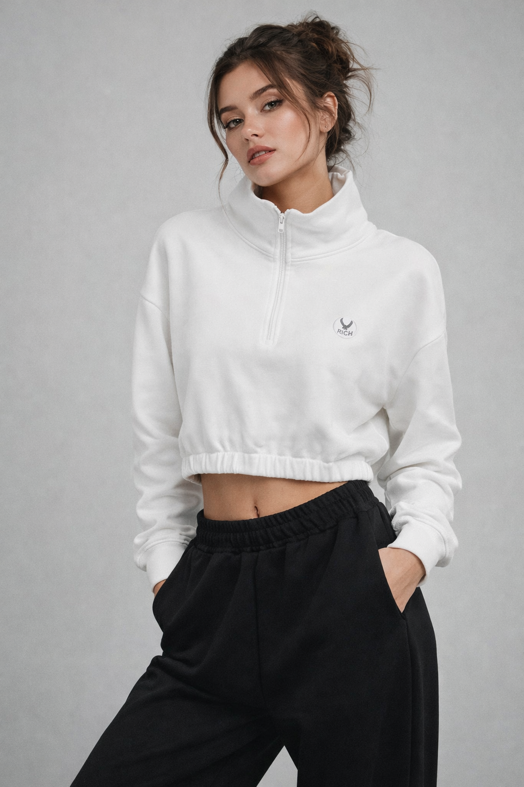 Kadın Ekru Crop Sweatshirt Scuba Kumaşı