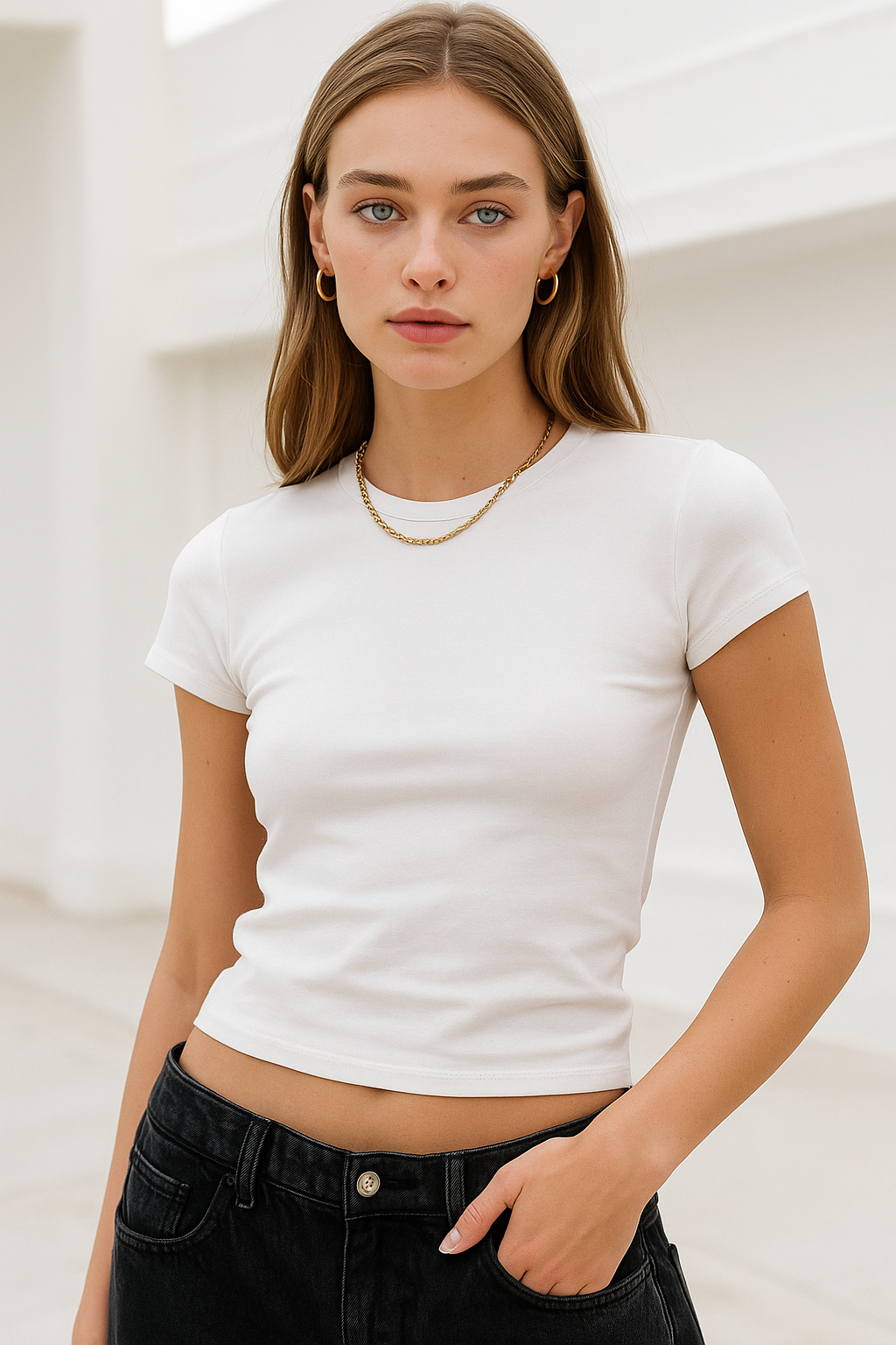 Kadın Ekru Esnek Kumaşlı Vücuda Oturan Slim Fit Kısa Kollu Crop T-Shirt