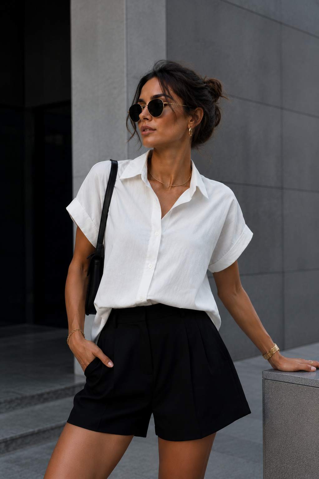 Kadın Ekru Oversize Kısa Kollu Gömlek