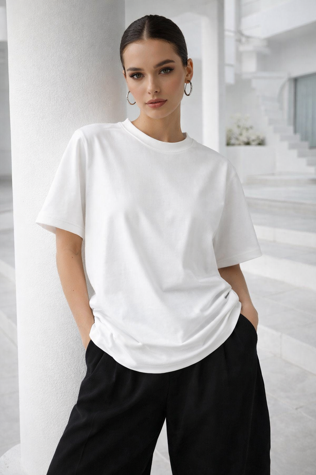 Kadın Ekru Premium Modal Kumaş Oversize T-Shirt