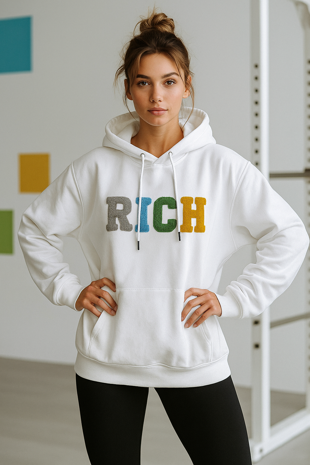 Kadın Ekru Renkli Rich Yazılı Kapüşonlu Sweatshirt