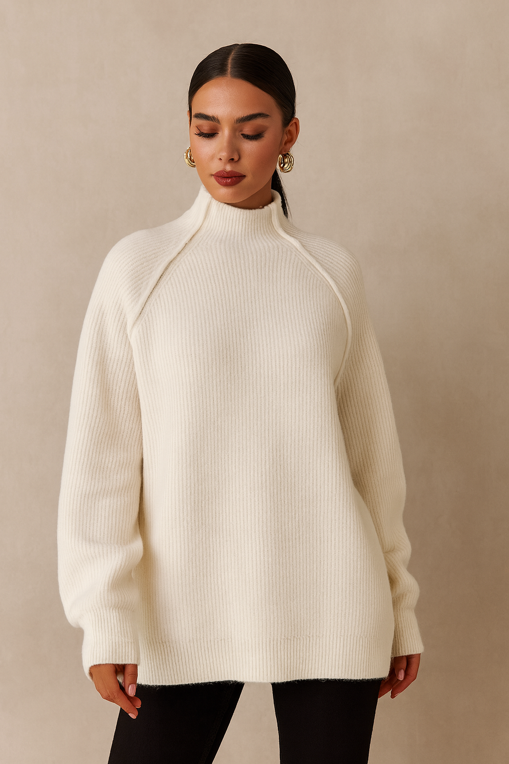 Kadın Ekru Yumuşak Dokulu Dik Yaka Basic Uzun Kollu Triko Kazak