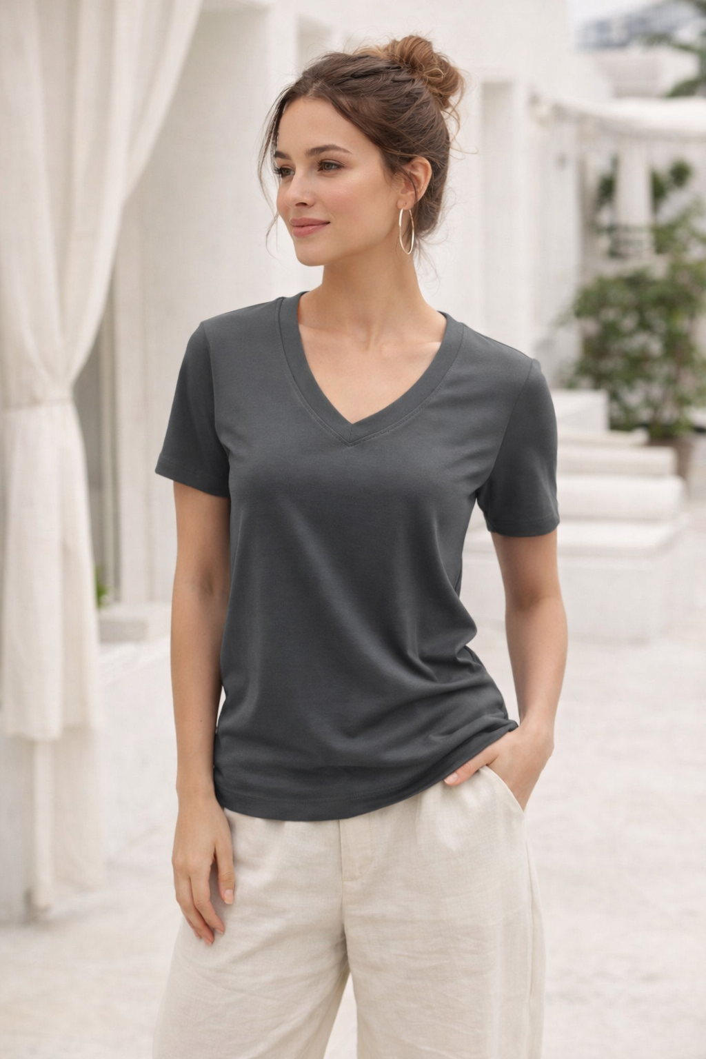 Kadın Füme Yumuşak Dokulu İnterlock V Yaka Basic T-Shirt