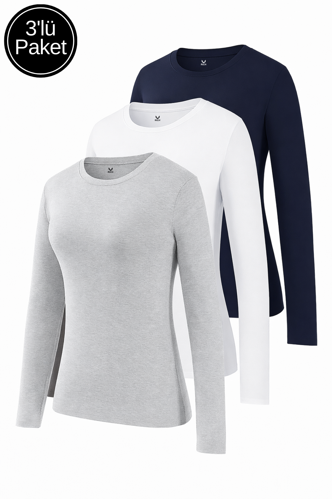 Kadın Gri Melanj-Beyaz-Lacivert 3'lü Paket Bisiklet Yaka Uzun Kollu Body