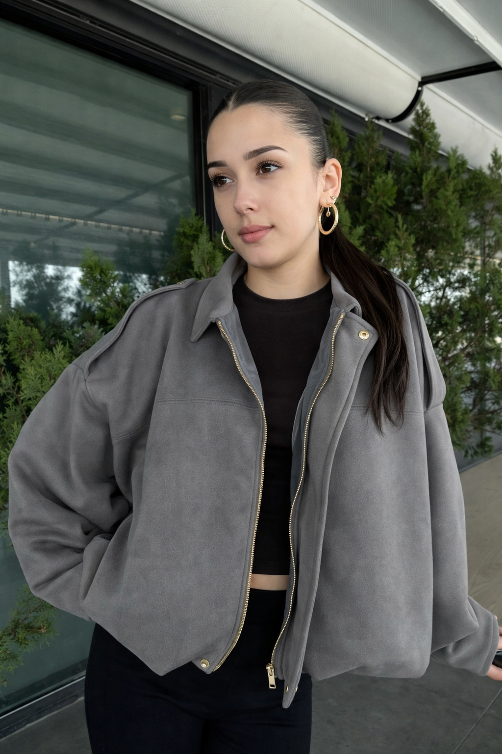 Kadın Gri Oversize Süet Bomber Ceket