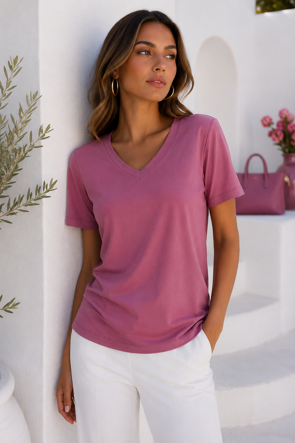 Kadın Gül Kurusu Yumuşak Dokulu İnterlock V Yaka Basic T-Shirt