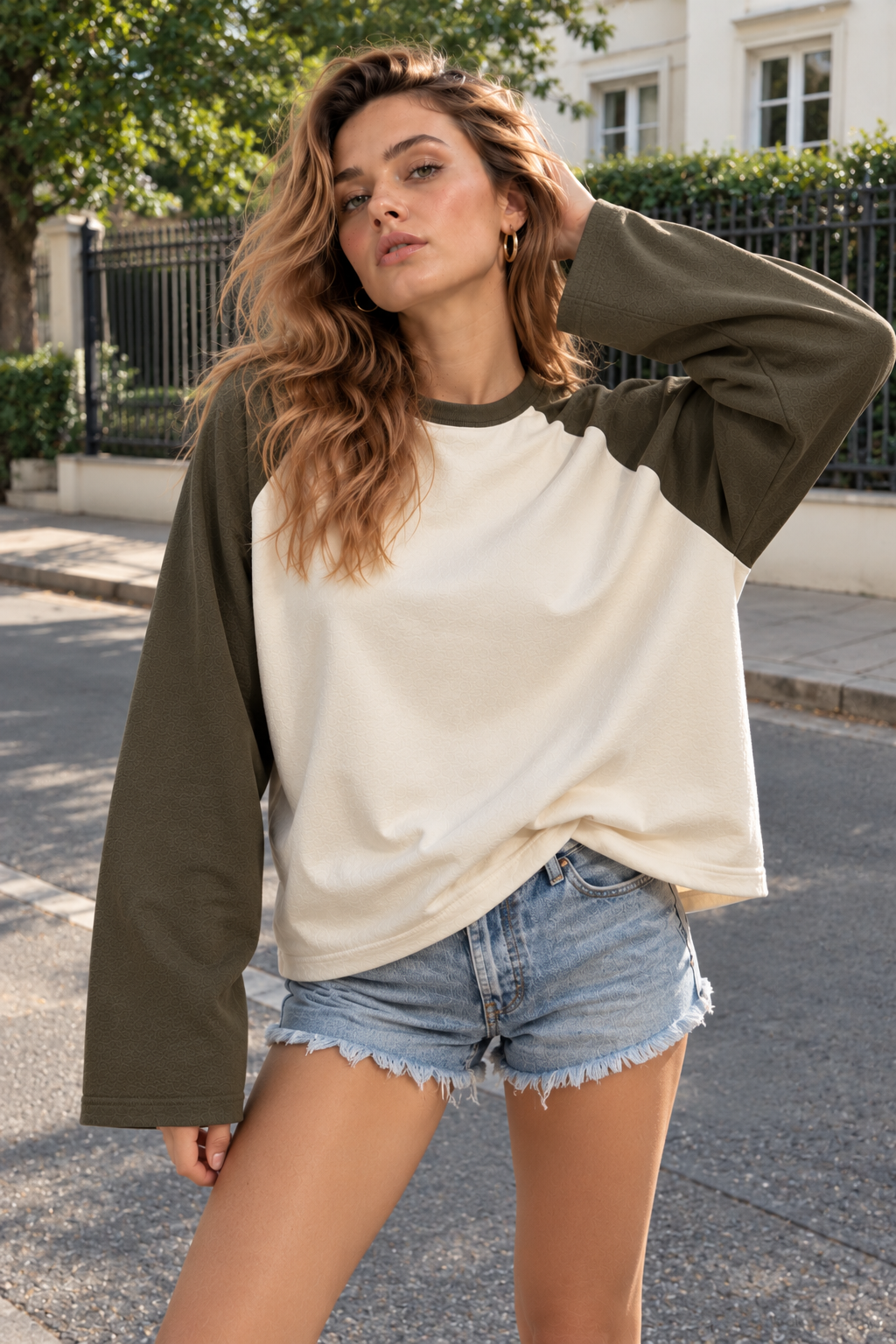 Kadın Haki Krem Reglan Kol Pamuklu Oversize Sweatshirt