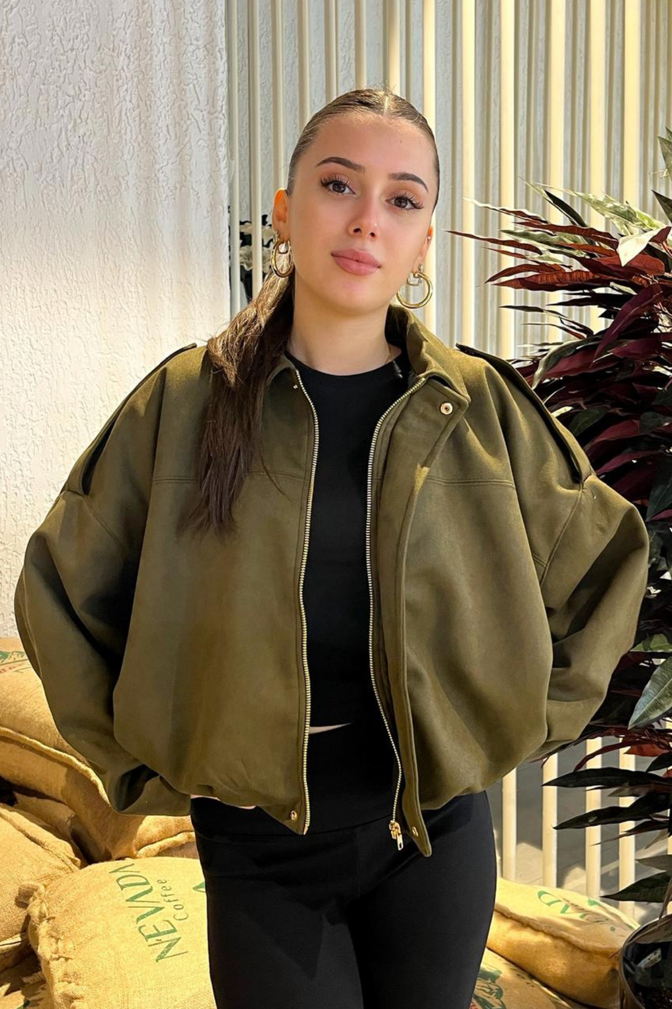 Kadın Haki Oversize Süet Bomber Ceket