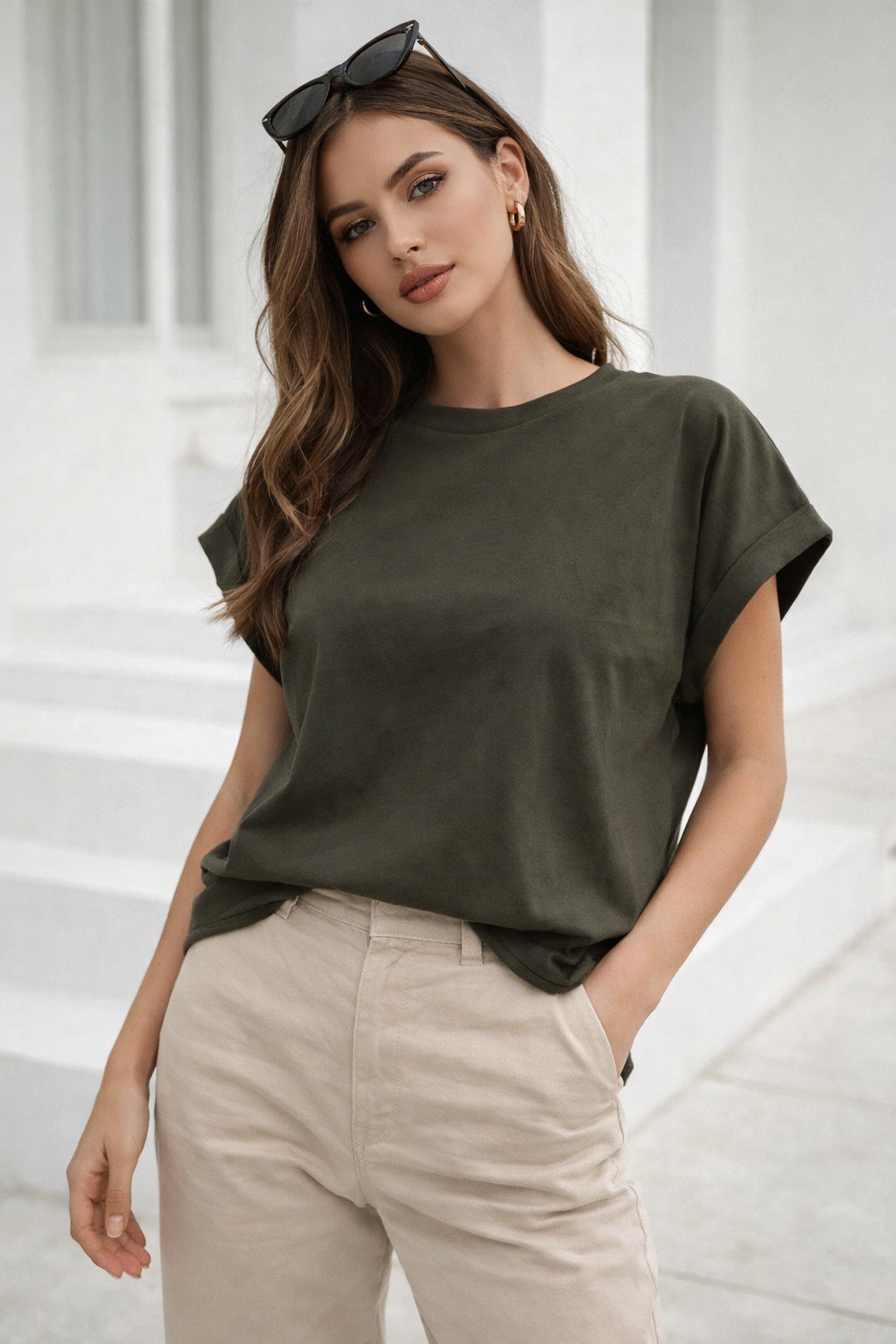 Kadın Haki Pamuklu Duble Kol Detaylı Rahat Kalıp T-Shirt