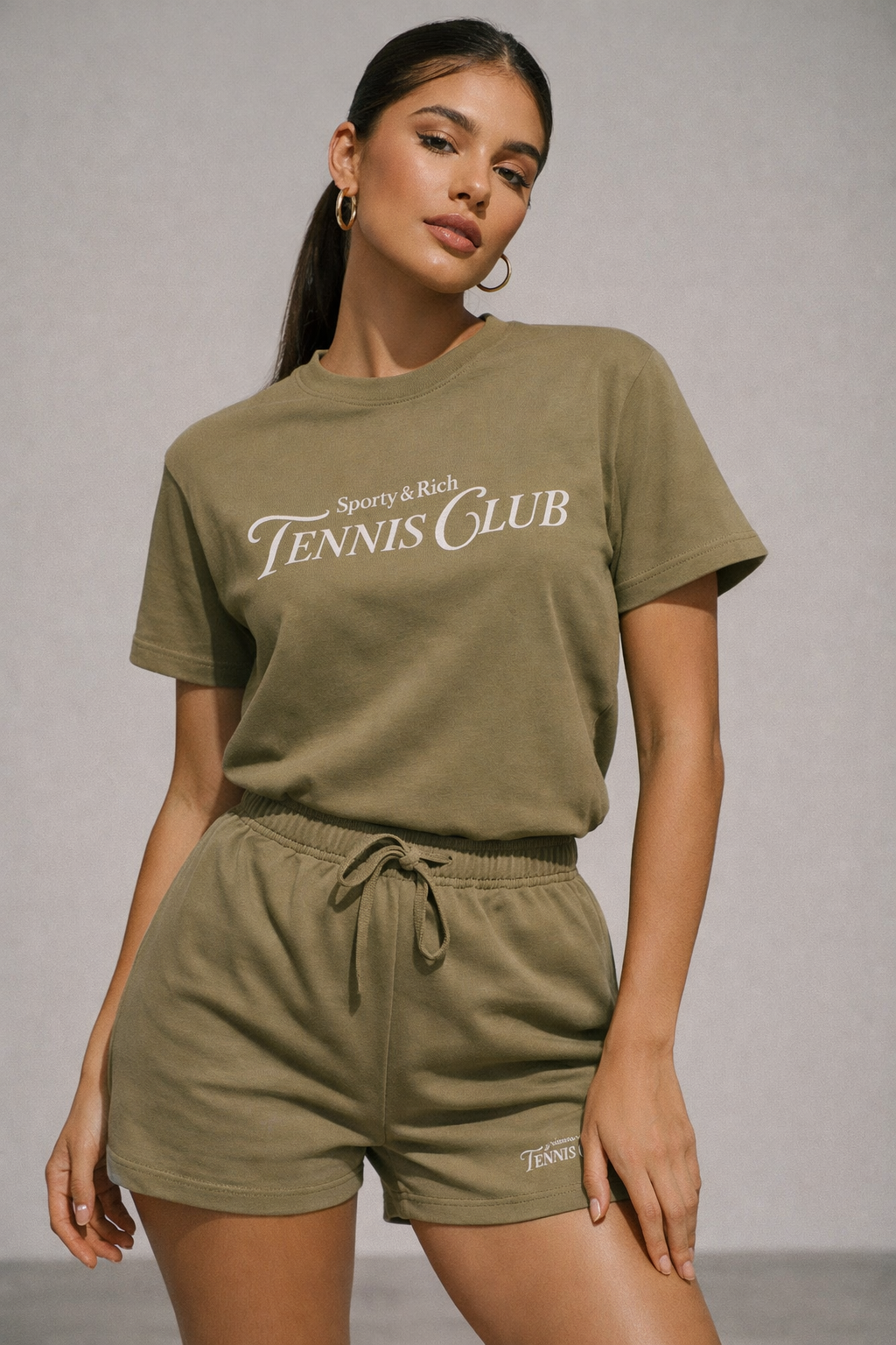 Kadın Haki Pamuklu Sporty Kısa Kollu Oversize T-shirt ve Şortlu Alt Üst Takım İkili Takım