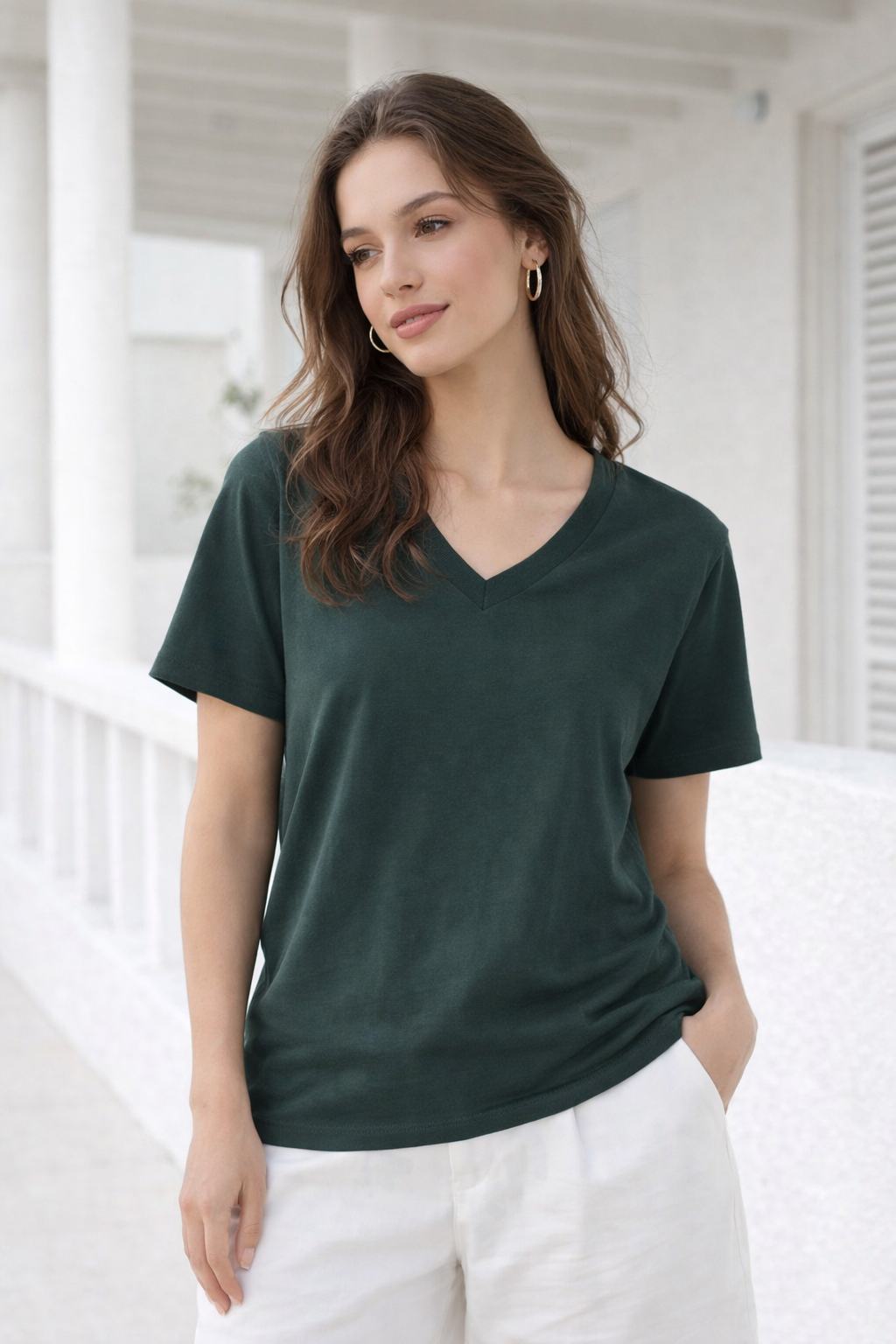 Kadın Haki Yumuşak Dokulu İnterlock V Yaka Basic T-Shirt