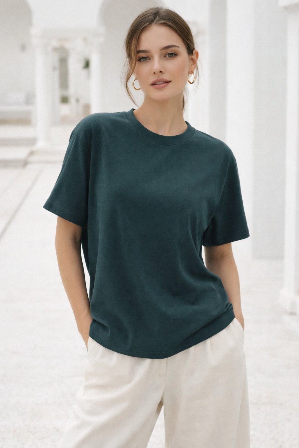 Kadın Haki Yumuşak Dokulu İnterlok Bisiklet Yaka Basic T-Shirt