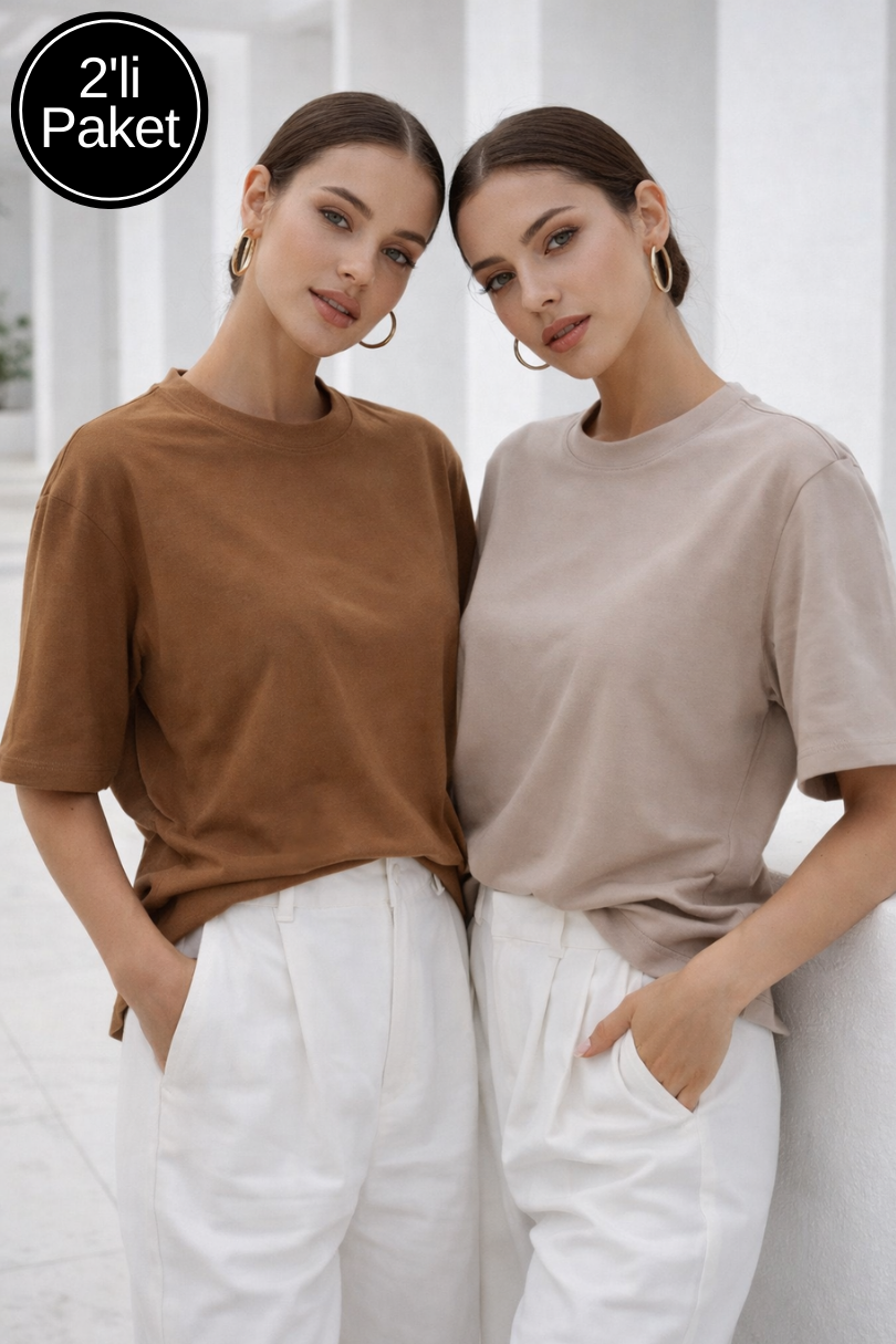 Kadın Kahverengi-Bej 2'li Paket Premium Modal Kumaş Oversize Tişört