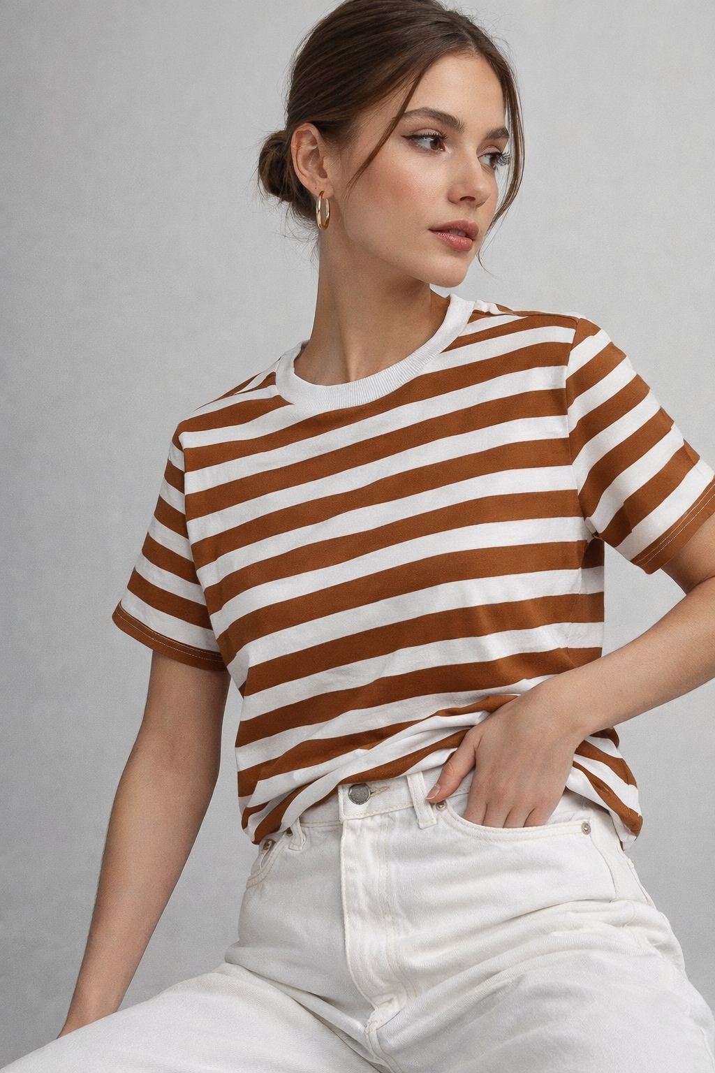 Kadın Kahverengi Çizgili Yumuşak Dokulu Pamuklu Basic T-Shirt