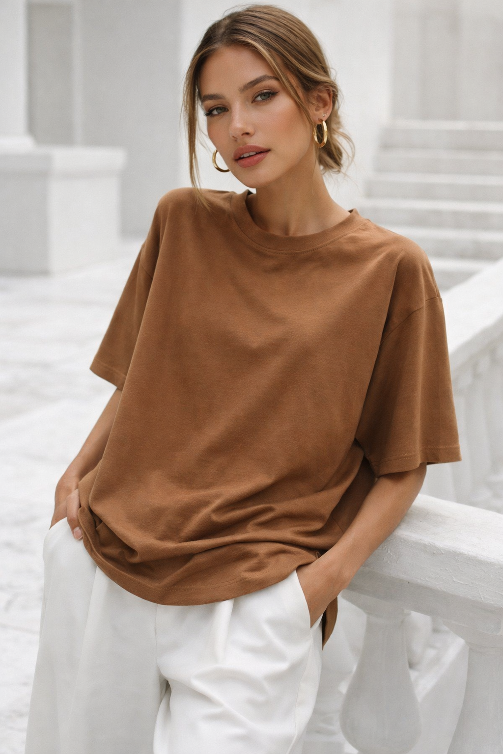 Kadın Kahverengi Premium Modal Kumaş Oversize T-Shirt