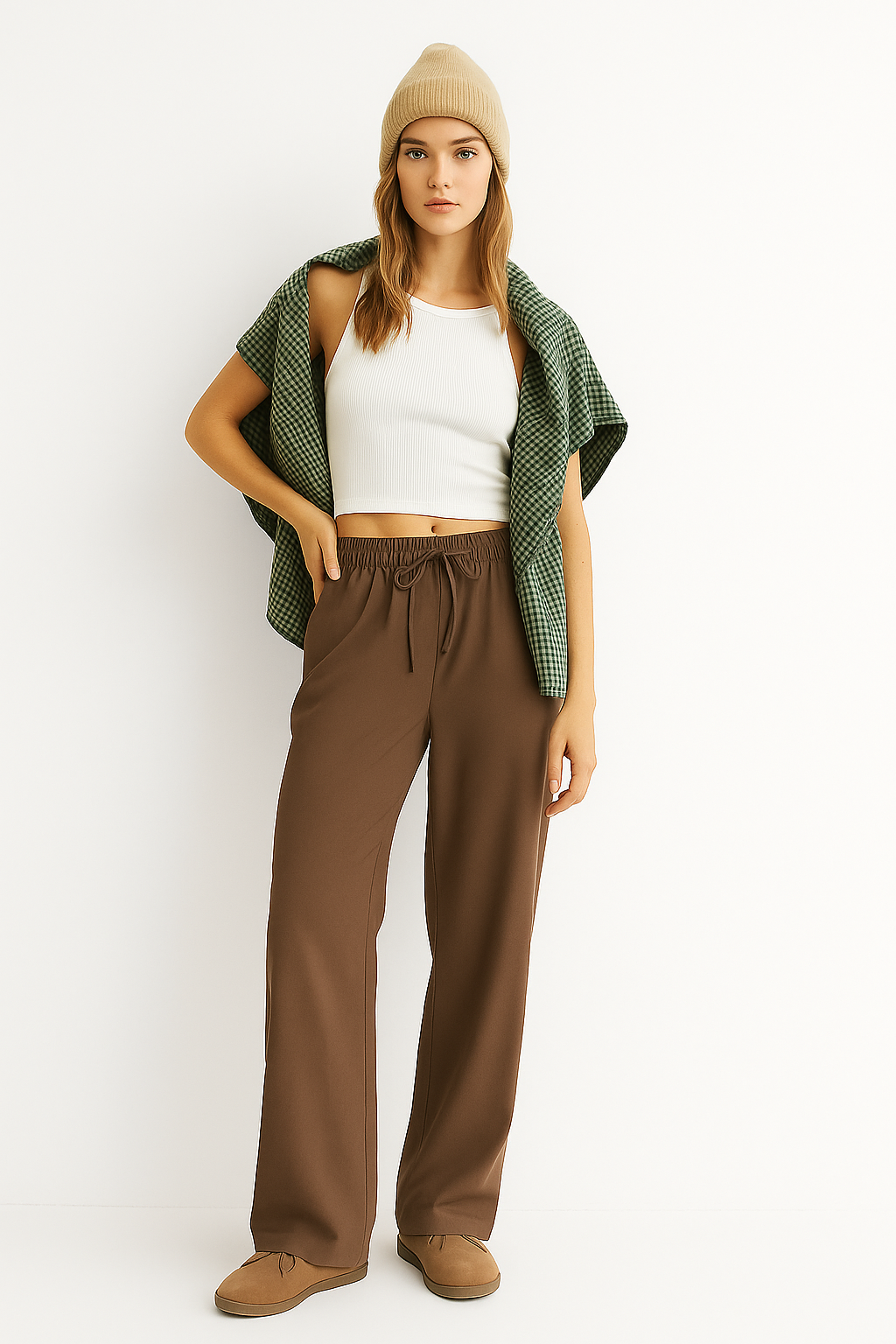 Kadın Kahverengi Yüksek Beli Lastikli Bol Paça Pantolon-02 BRAUN 145-03 KAFFEE 88
