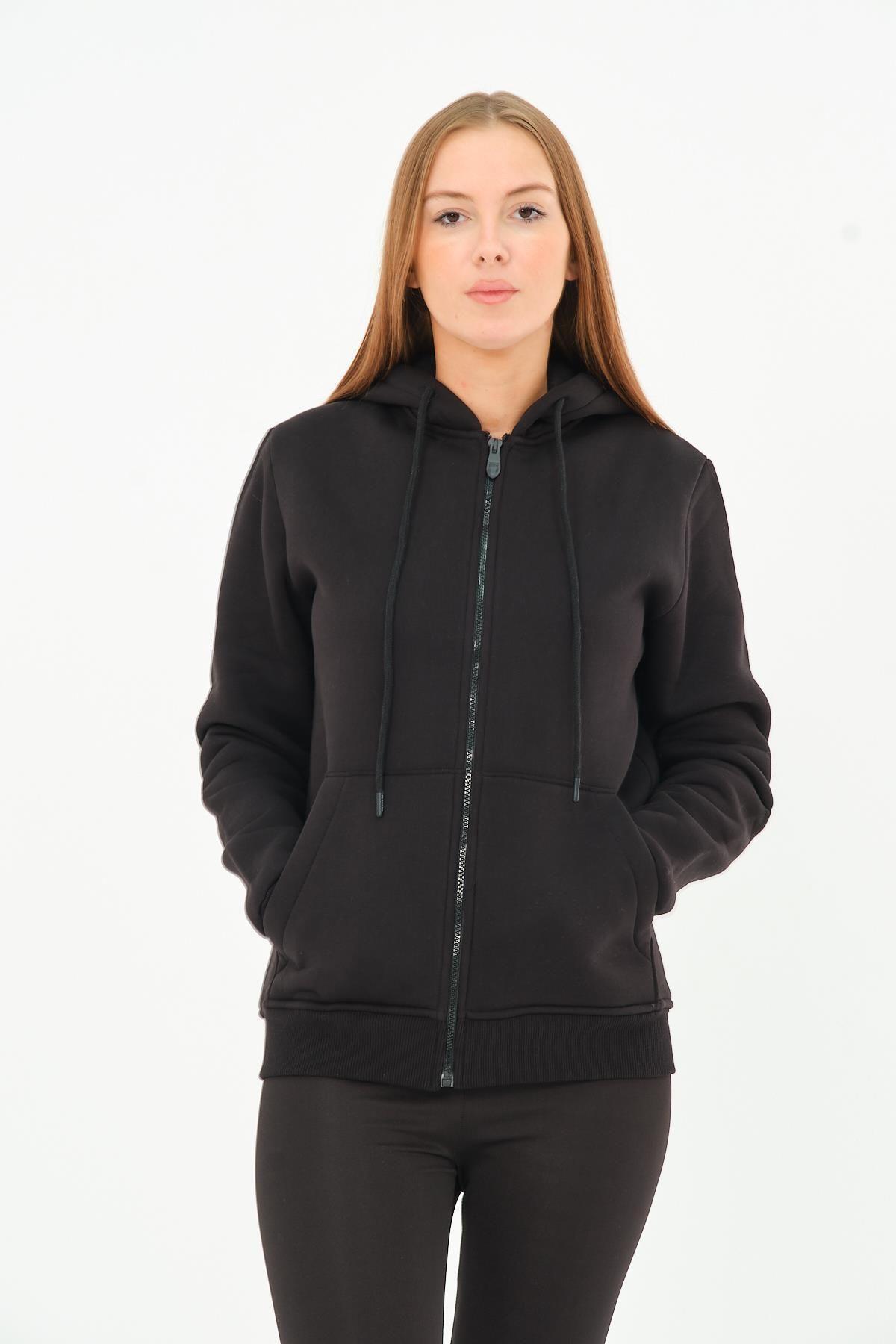 Kadın Kanguru Cepli Kapüşonlu Sweatshirt İçi Polar Kalın Hırka