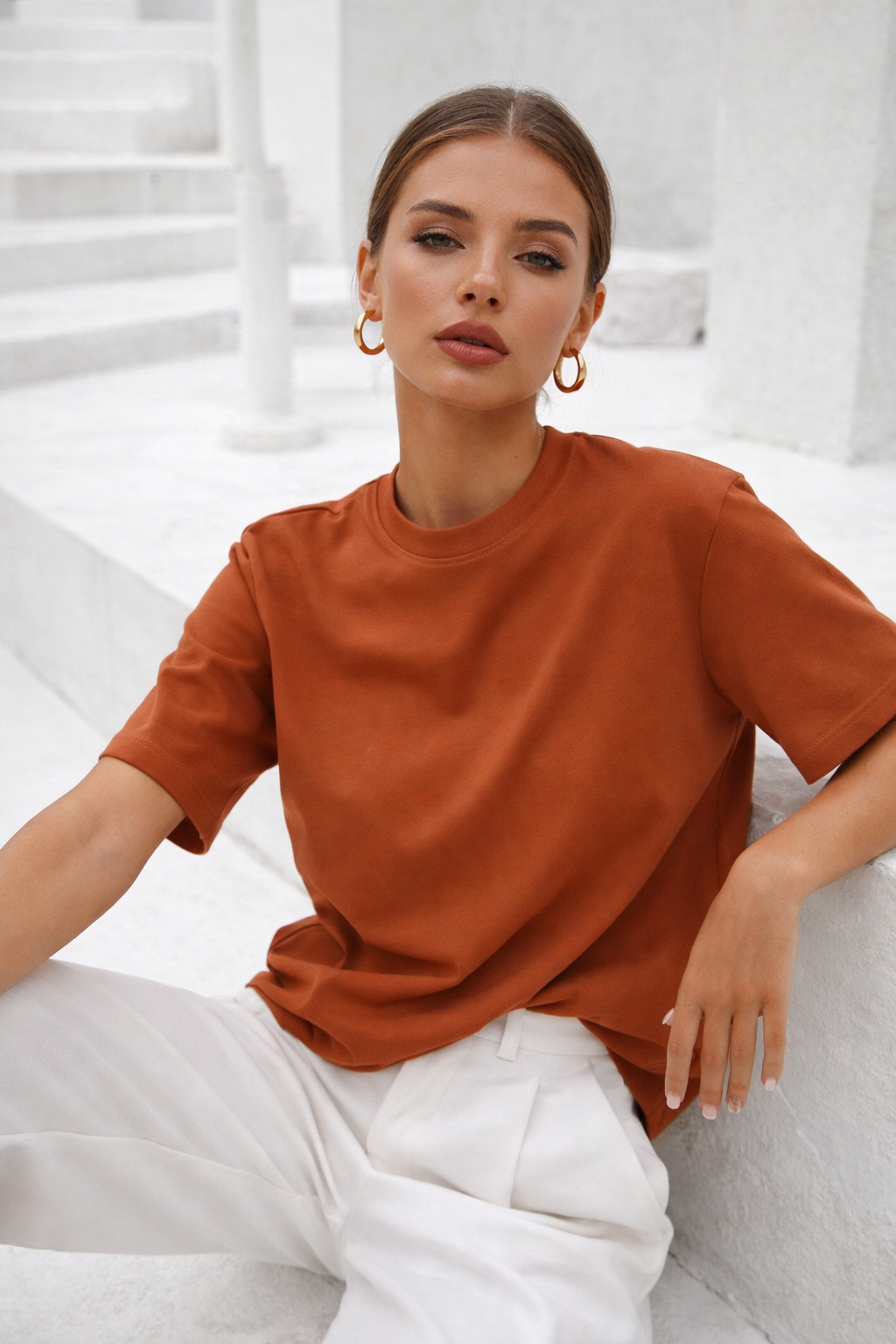 Kadın Kiremit Premium Modal Kumaş Oversize T-Shirt