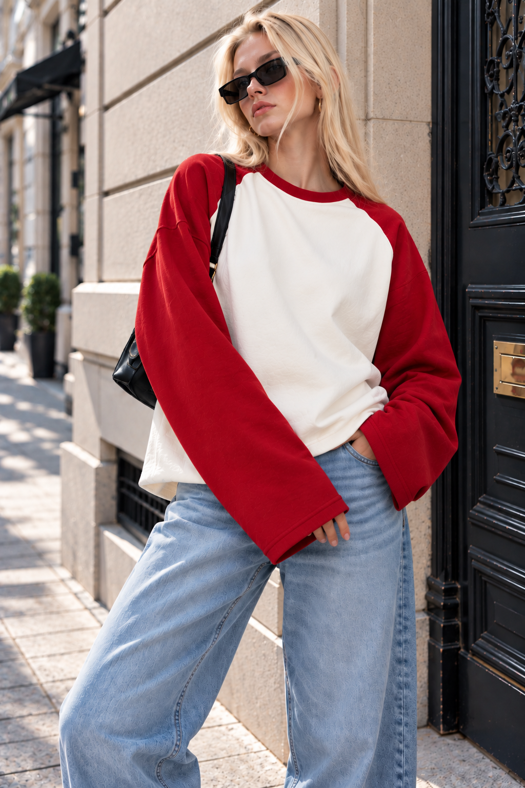 Kadın Kırmızı Beyaz Reglan Kol Pamuklu Oversize Sweatshirt