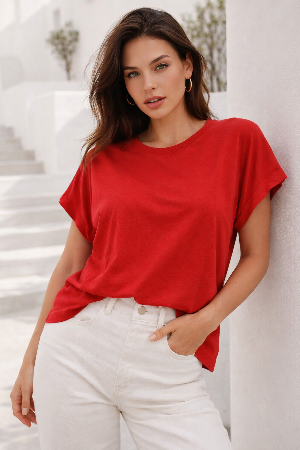 Kadın Kırmızı Pamuklu Duble Kol Detaylı Rahat Kalıp T-Shirt