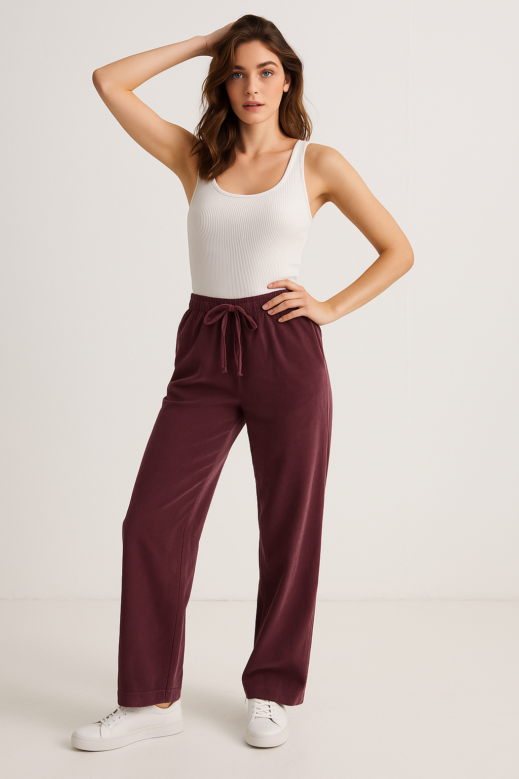 Kadın Koyu Mürdüm Yüksek Beli Lastikli Bol Paça Pantolon-MULTICOLOUR 42