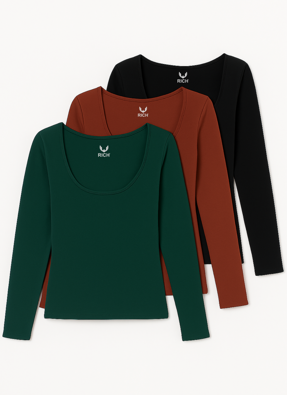 Kadın Koyu Yeşil-Bordo-Siyah 3'lü Paket U Yaka Uzun Kollu Bluz