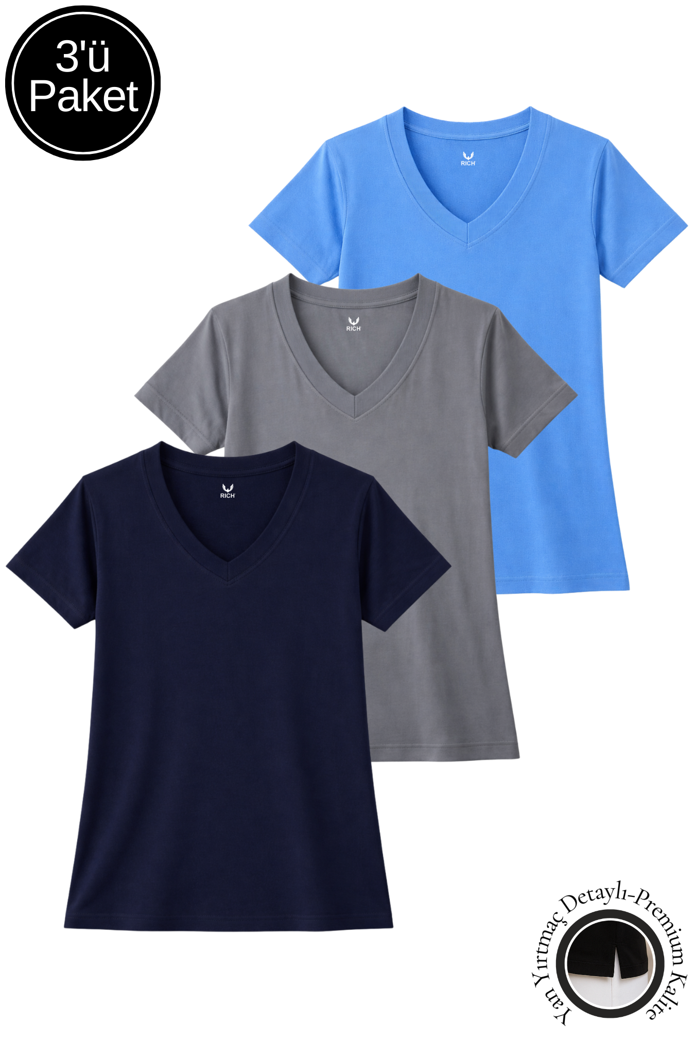 Kadın Lacivert-Antrasit-Mavi 3'lü Paket Yırtmaçlı Viskon V Yaka  T-Shirt