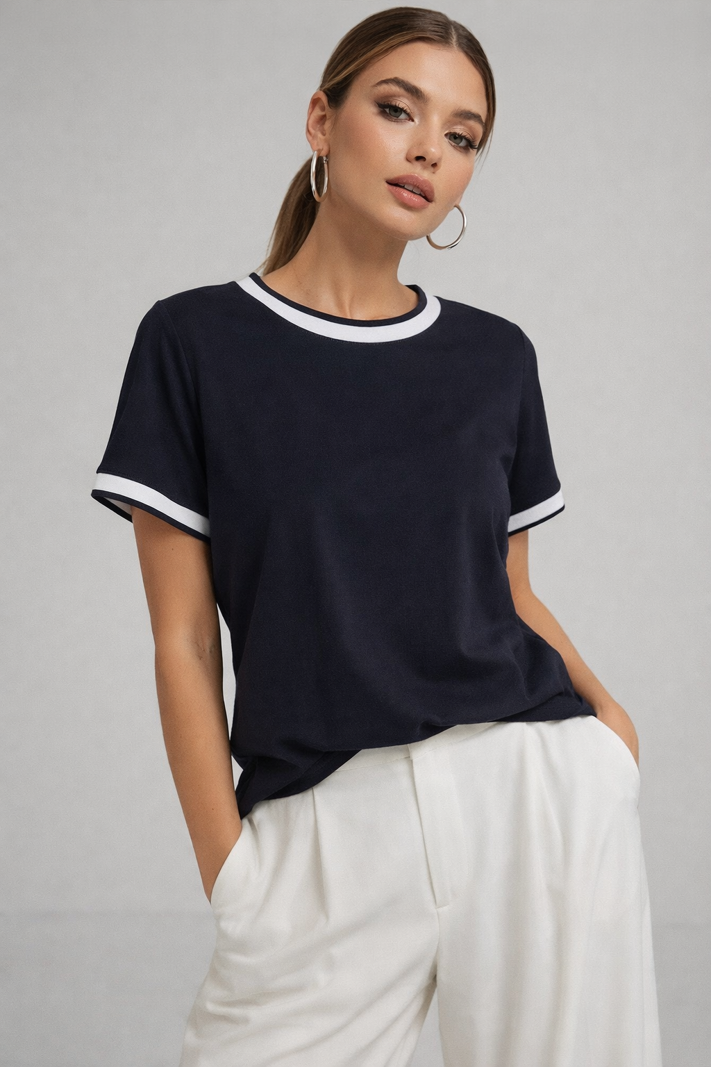 Kadın Lacivert Bisiklet Triko Yaka Kısa Kollu Basic T-Shirt