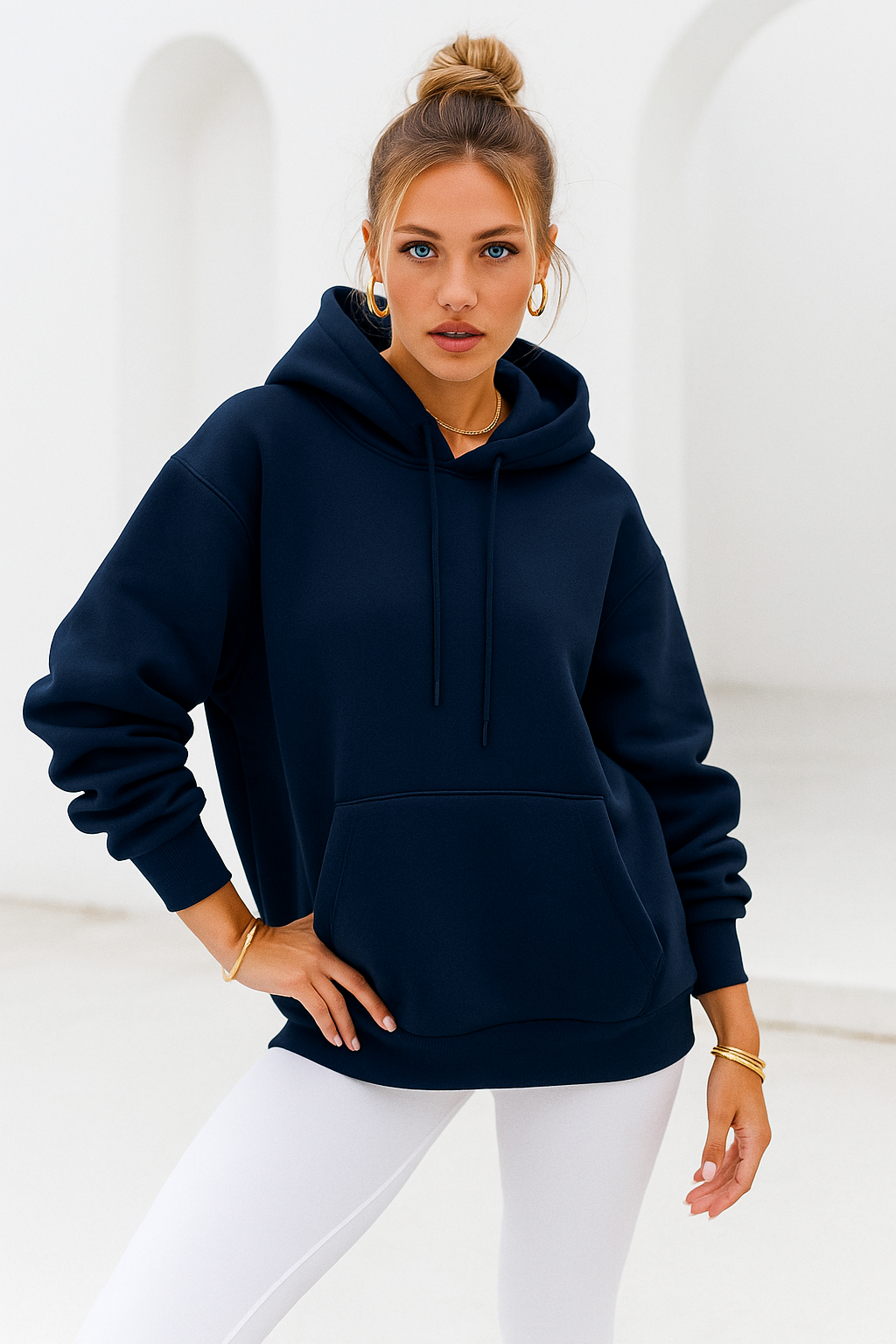 Kadın Lacivert Kanguru Cepli Kapüşonlu Scuba Sweatshirt