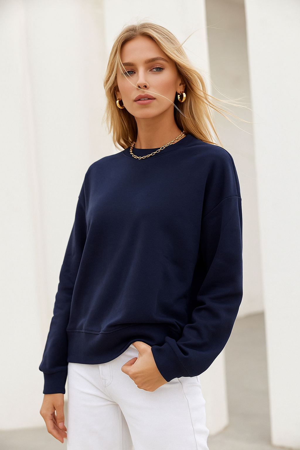 Kadın Lacivert Pamuklu İnterlock Oversize Sweatshirt