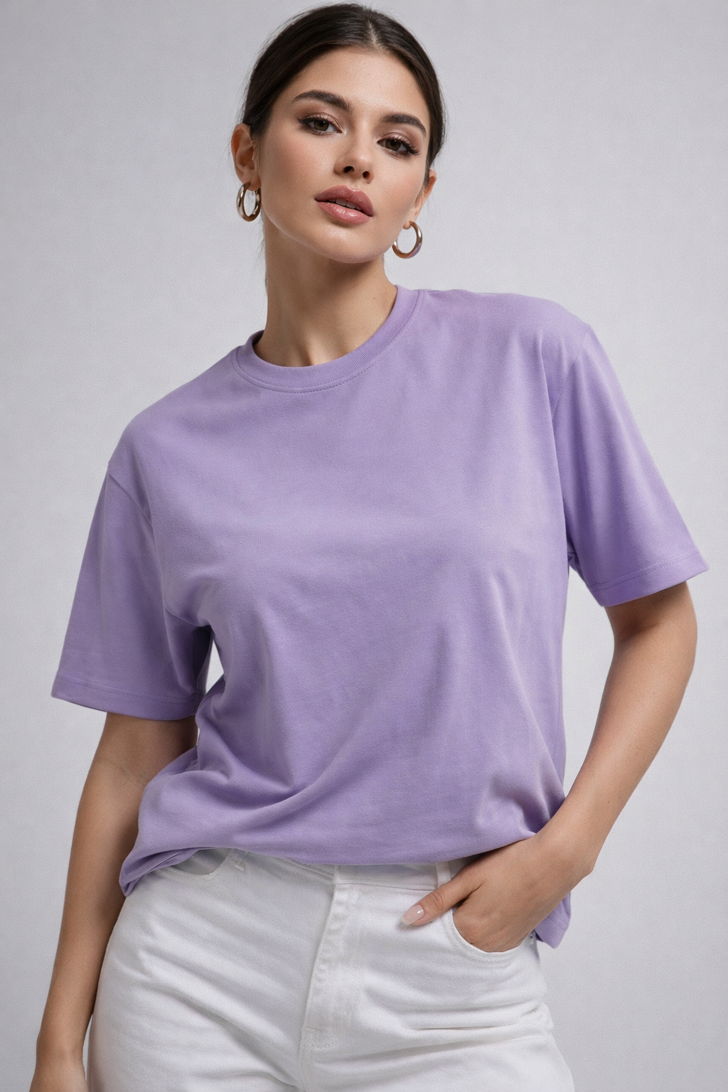 Kadın Lila %100 Pamuk Oversize Basic Tişört – Rahat Kalıp Relaxed Bisiklet Yaka T-Shirt