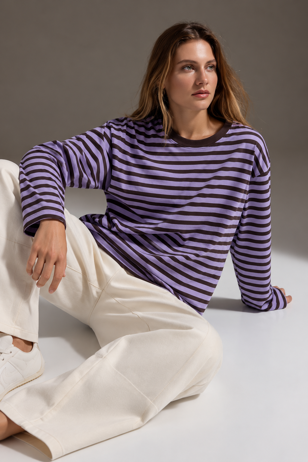Kadın Lila-Kahverengi Çizgili Pamuklu Bisiklet Yaka Oversize Bluz 