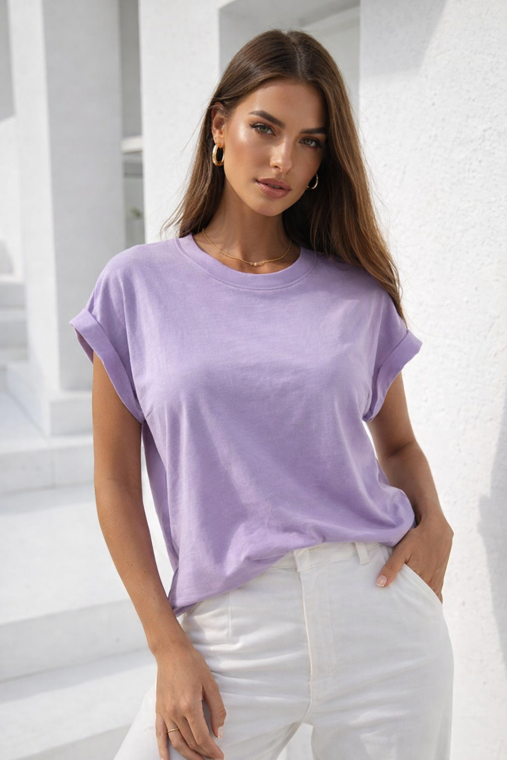 Kadın Lila Pamuklu Duble Kol Detaylı Rahat Kalıp T-Shirt