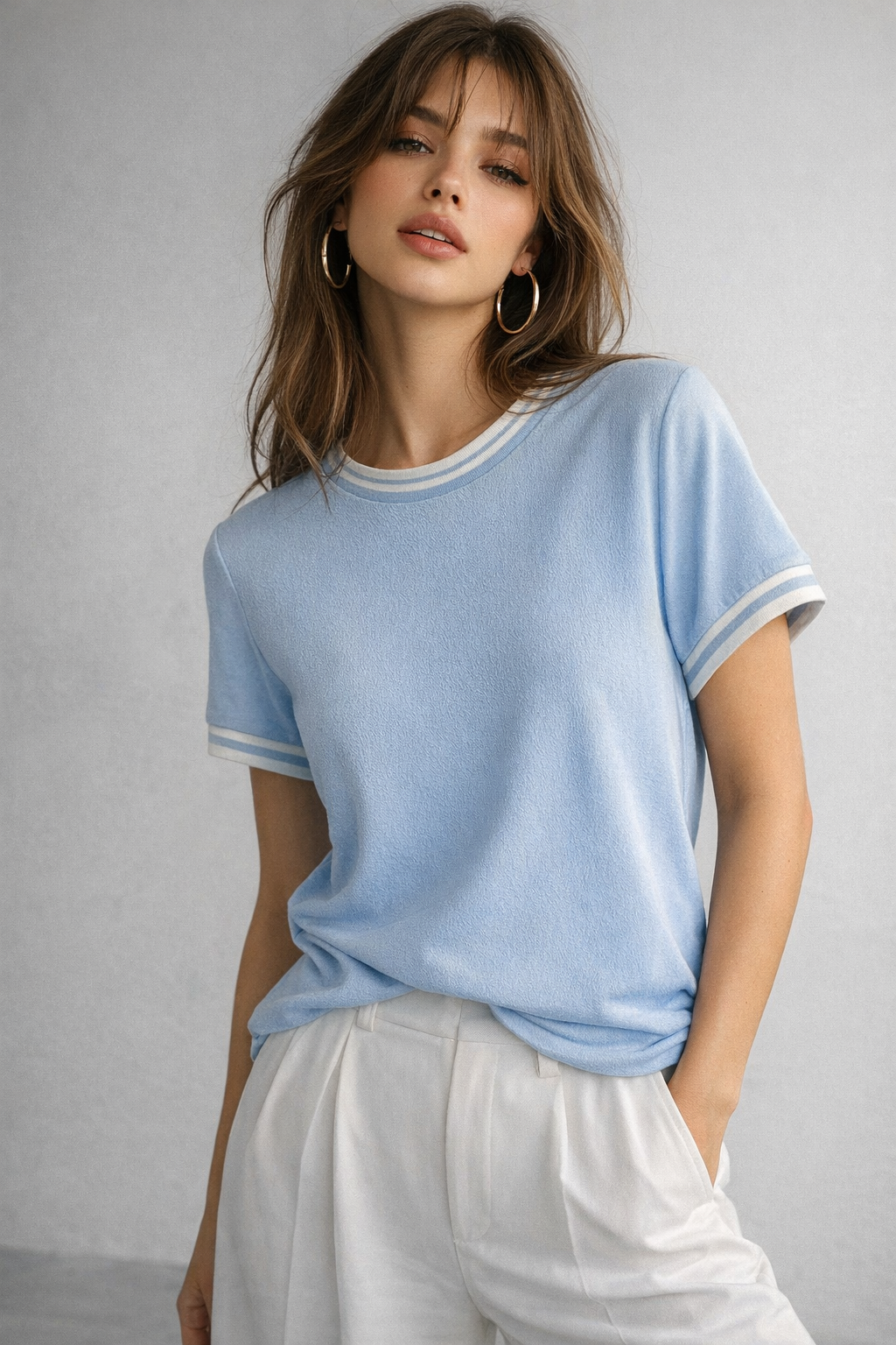 Kadın Mavi Bisiklet Triko Yaka Kısa Kollu Basic T-Shirt