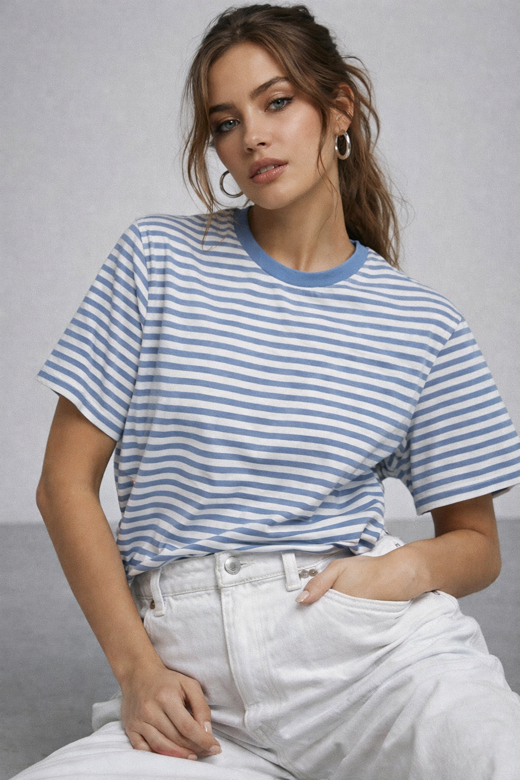 Kadın Mavi Çizgili Yumuşak Dokulu Pamuklu Basic T-Shirt