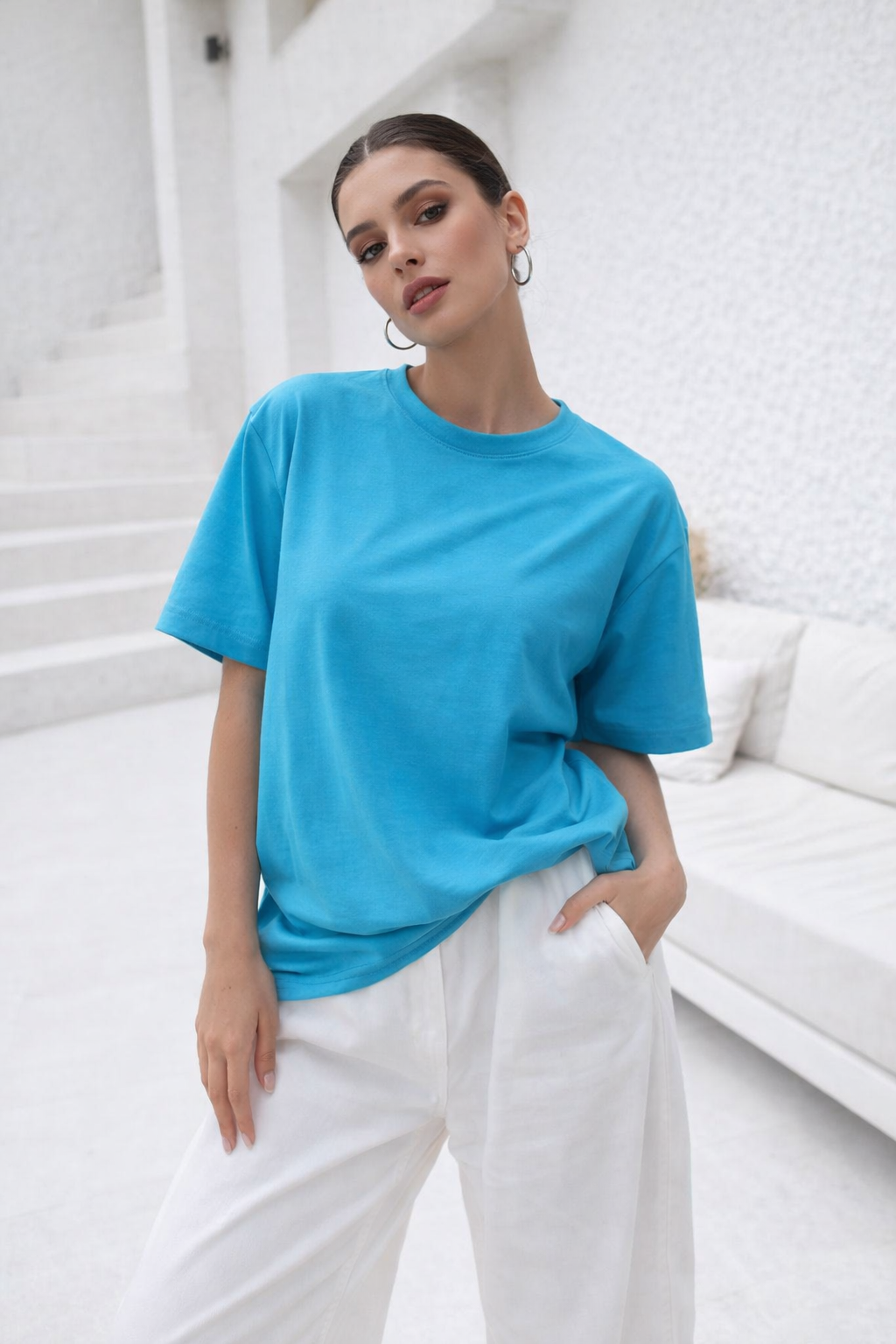 Kadın Mavi Premium Modal Kumaş Oversize T-Shirt