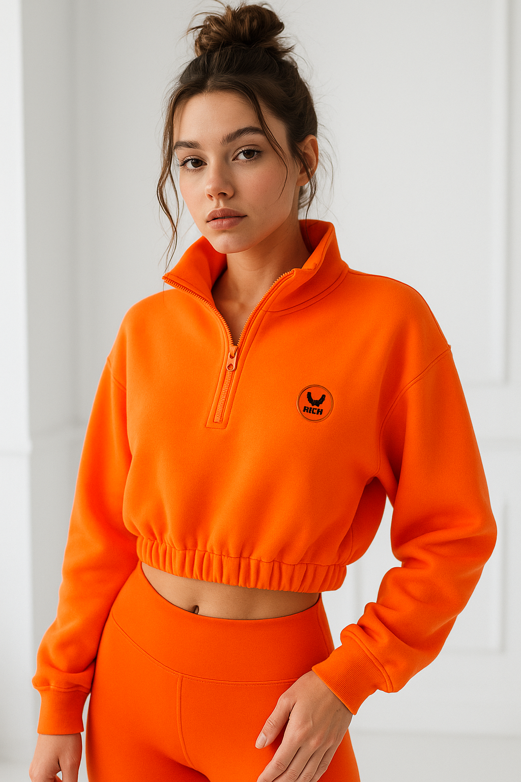 Kadın Oranj Yarım Fermuarlı Beli Lastikli Crop Sweatshirt