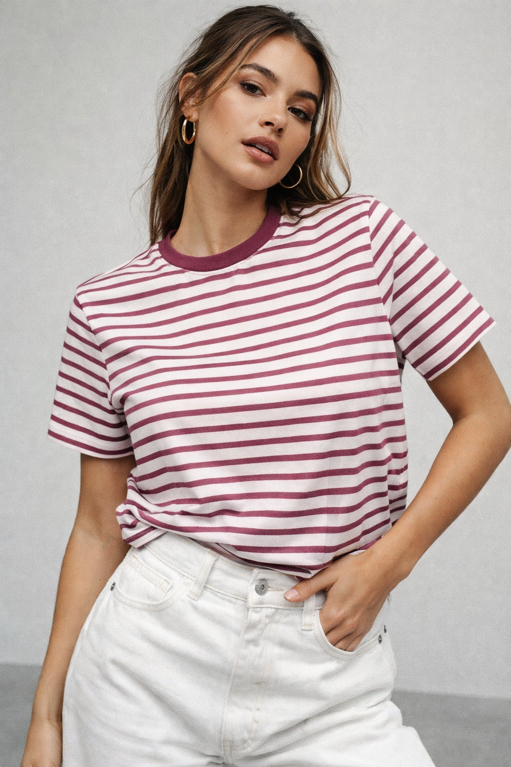 Kadın Pembe Çizgili Yumuşak Dokulu Pamuklu Basic T-Shirt