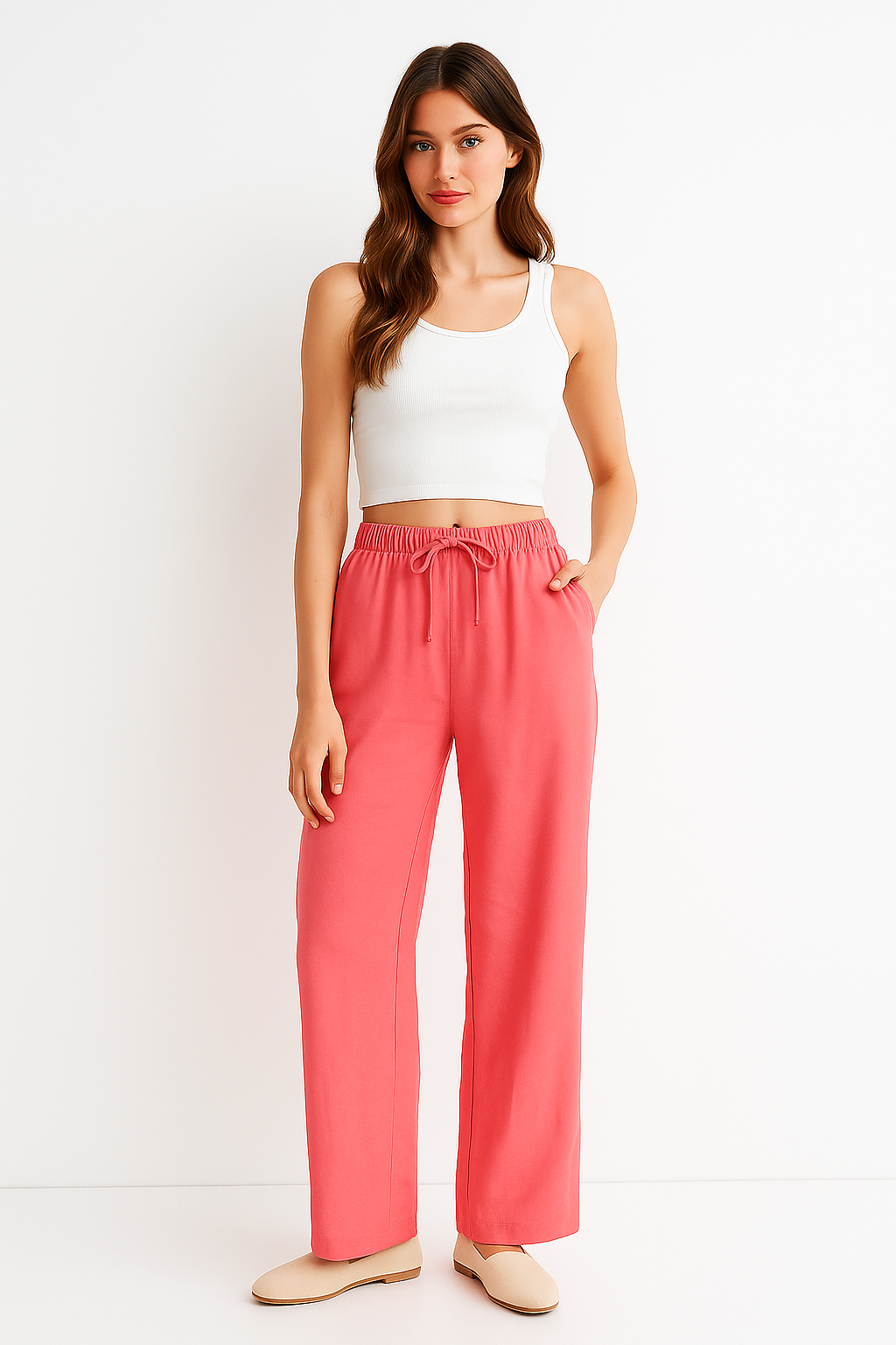 Kadın Pembe Yüksek Beli Lastikli Bol Paça Pantolon-MULTICOLOUR 5