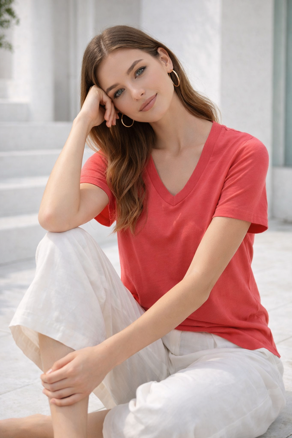 Kadın Pembe Yumuşak Dokulu İnterlock V Yaka Basic T-Shirt