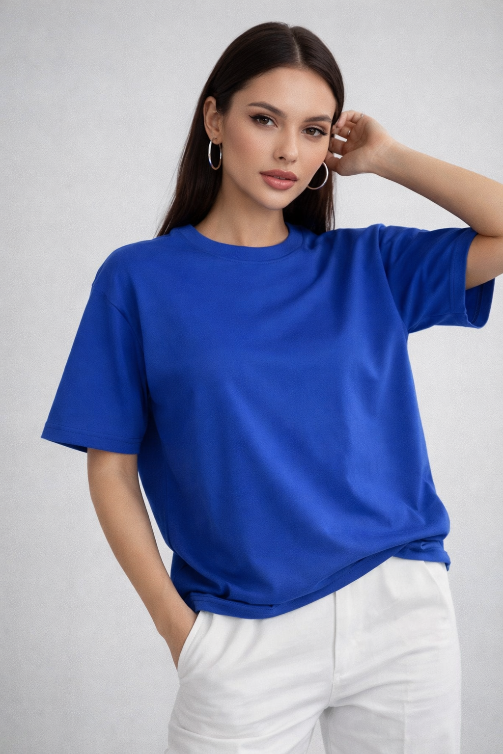 Kadın Saks Mavi %100 Pamuk Oversize Basic Tişört – Rahat Kalıp Relaxed Bisiklet Yaka T-Shirt