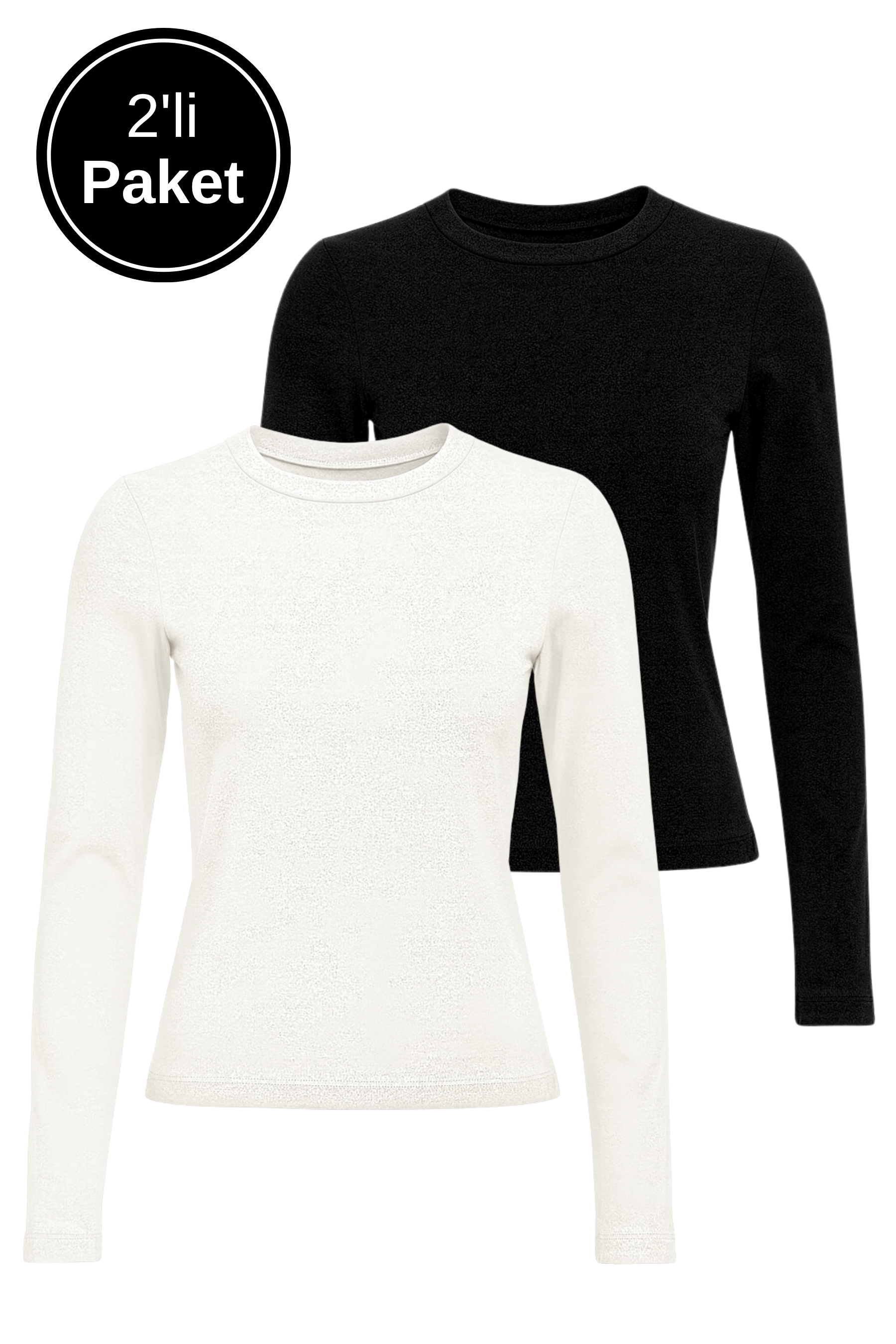 Kadın Siyah-Beyaz 2'li Paket Bisiklet Yaka Esnek Kumaşlı Vücuda Oturan Slim Fit Uzun Kollu Crop Body