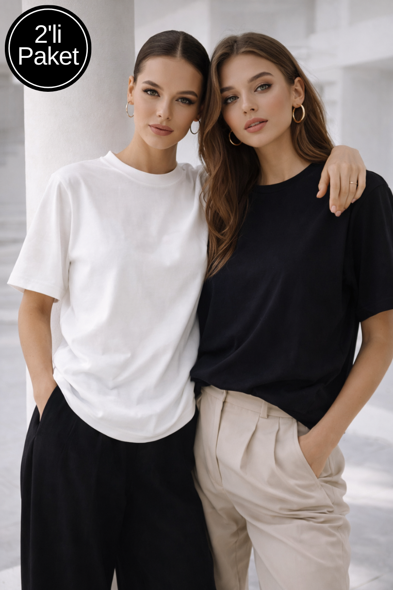 Kadın Siyah-Beyaz 2'li Paket Premium Modal Kumaş Oversize Tişört