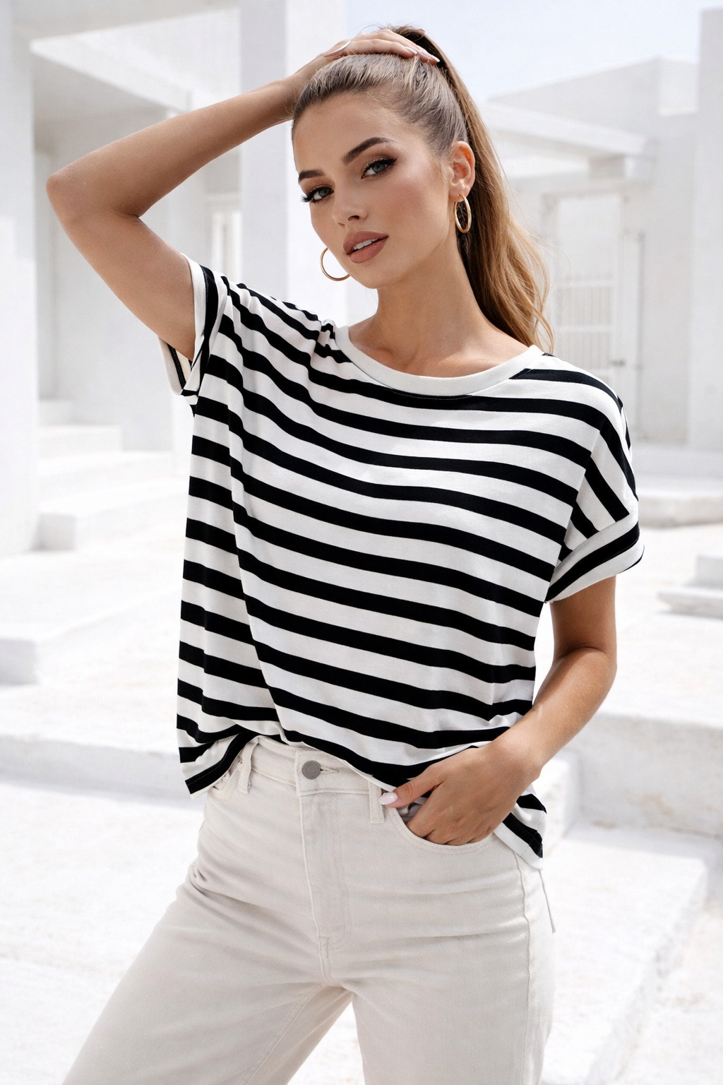 Kadın Siyah Beyaz Çizgili Yarasa Kol T-Shirt | Şık Basic Tişört