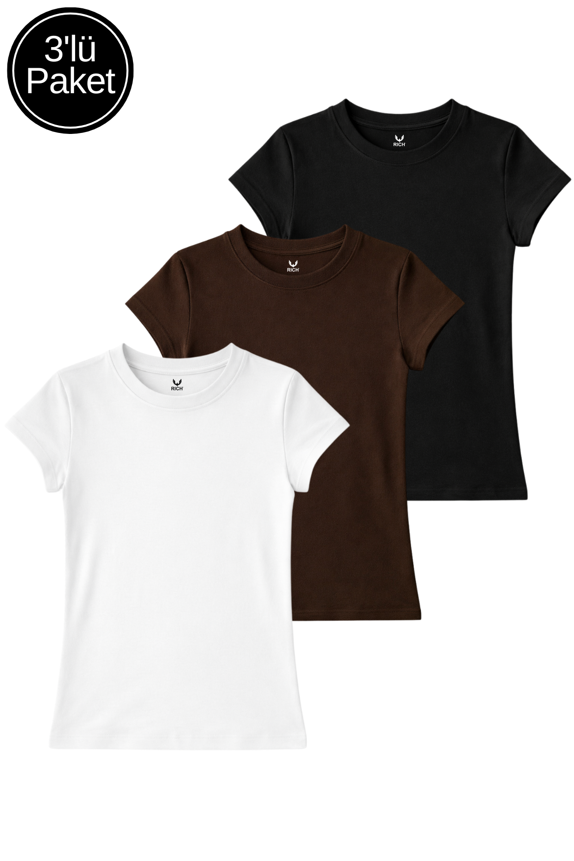 Kadın Siyah Beyaz Kahverengi 3'li Paket Slim Fit Pamuk Crop T-Shirt