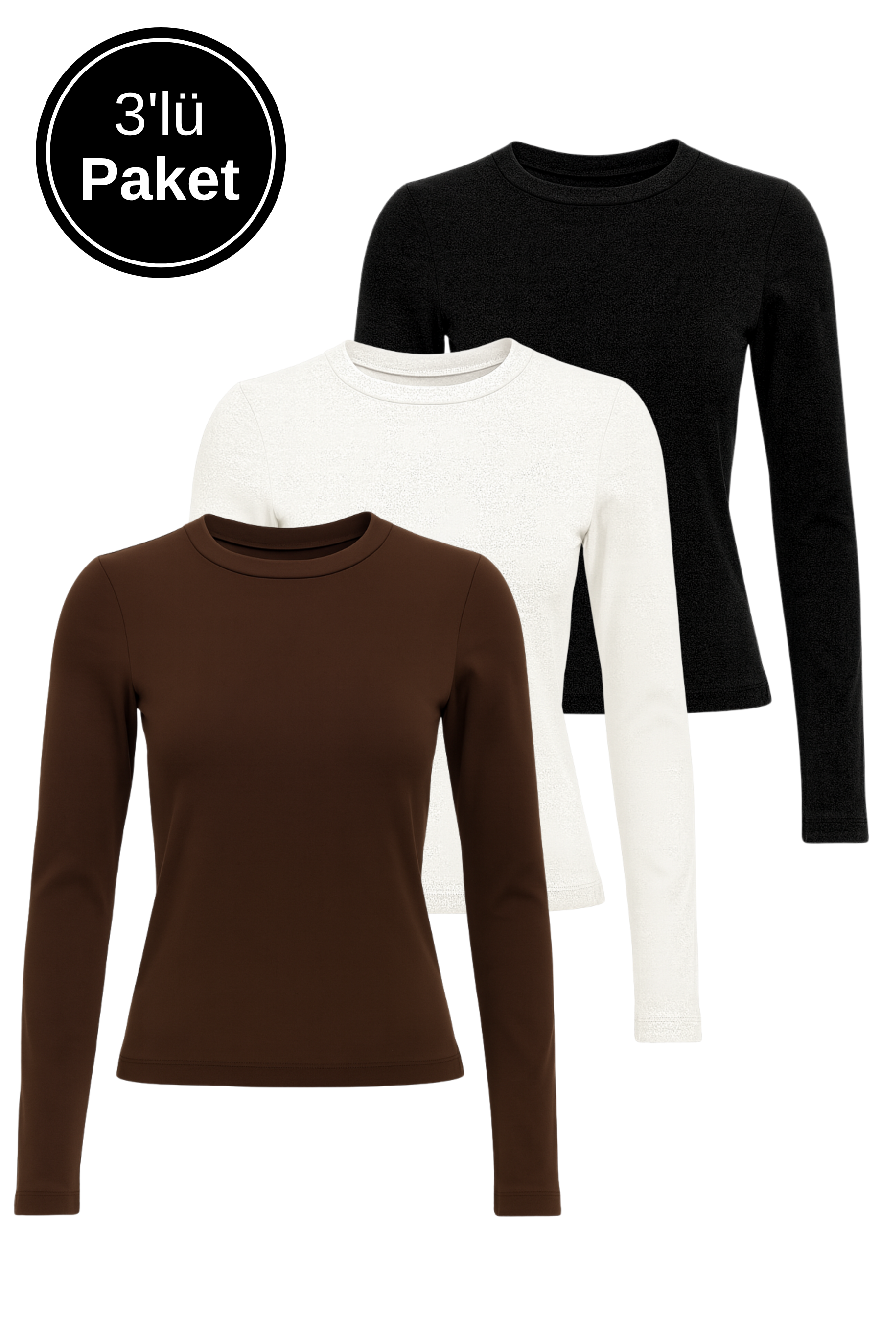 Kadın Siyah-Beyaz-Kahverengi 3'lü Paket Bisiklet Yaka Esnek Kumaşlı Vücuda Oturan Slim Fit Uzun Kollu Crop Body