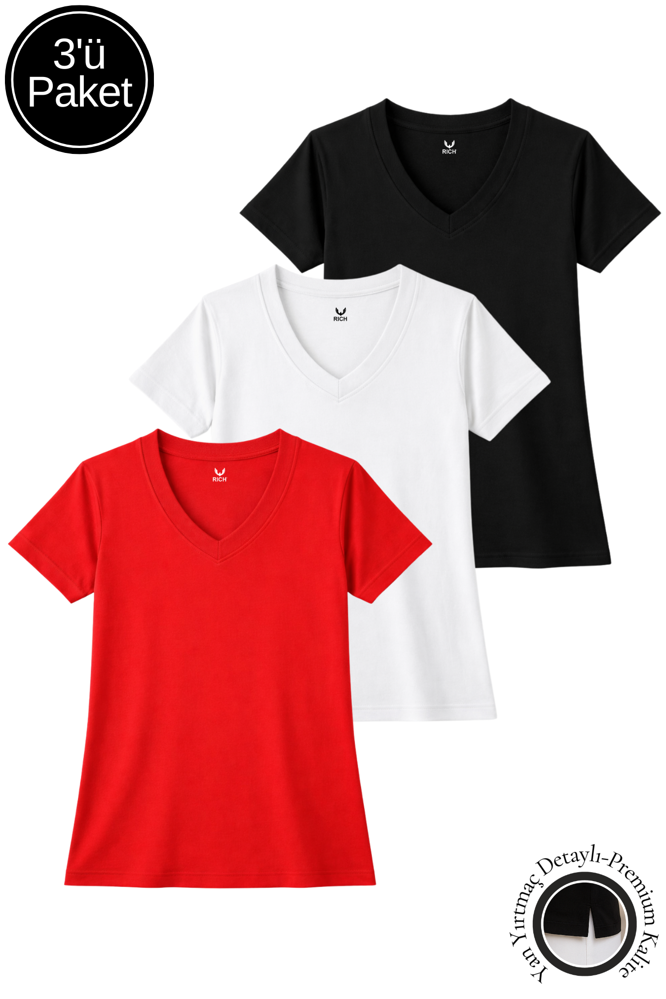 Kadın Siyah-Beyaz-Kırmızı 3'lü Paket Yırtmaçlı Viskon V Yaka  T-Shirt