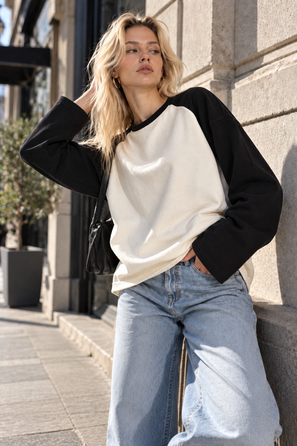 Kadın Siyah Beyaz Reglan Kol Pamuklu Oversize Sweatshirt